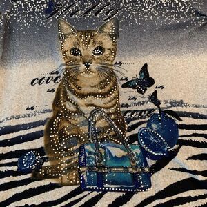JVINI Shirt Womens‎ Medium Blue Black Rhinestone Cat Zebra Print Long Sleeve